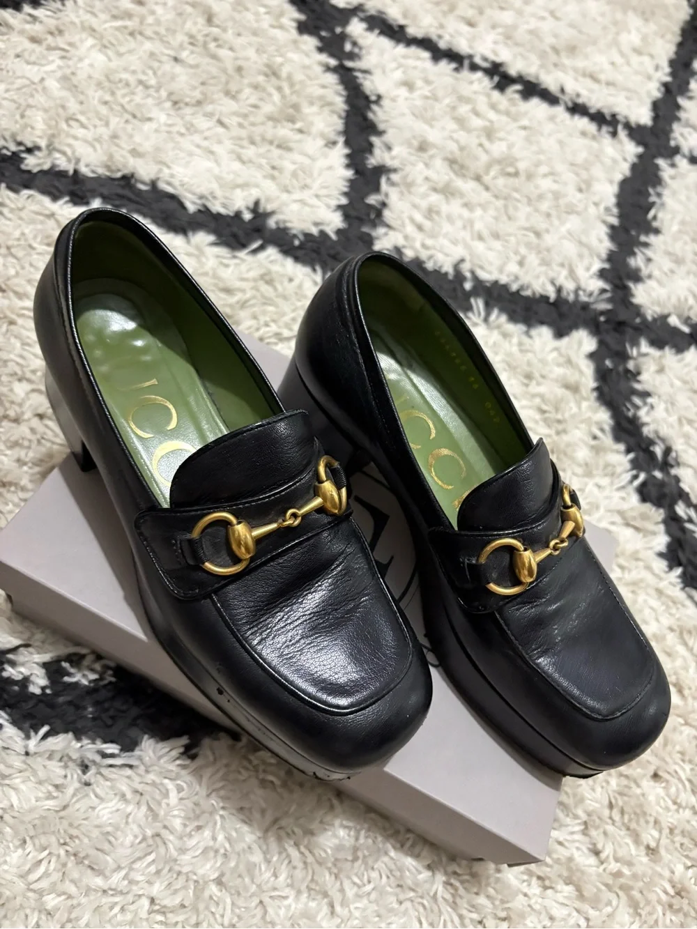 Gucci Black Leather Platform Horsebit Loafers with Gold Hardware
